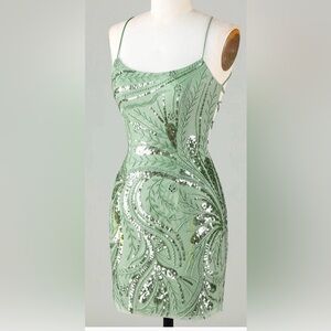 Zapaka Sage Green Sparkly Dress